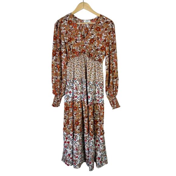 Umgee Floral Tiered Long Sleeve Maxi Dress Womens S Brown Farmhouse Cottagecore - Picture 2 of 7